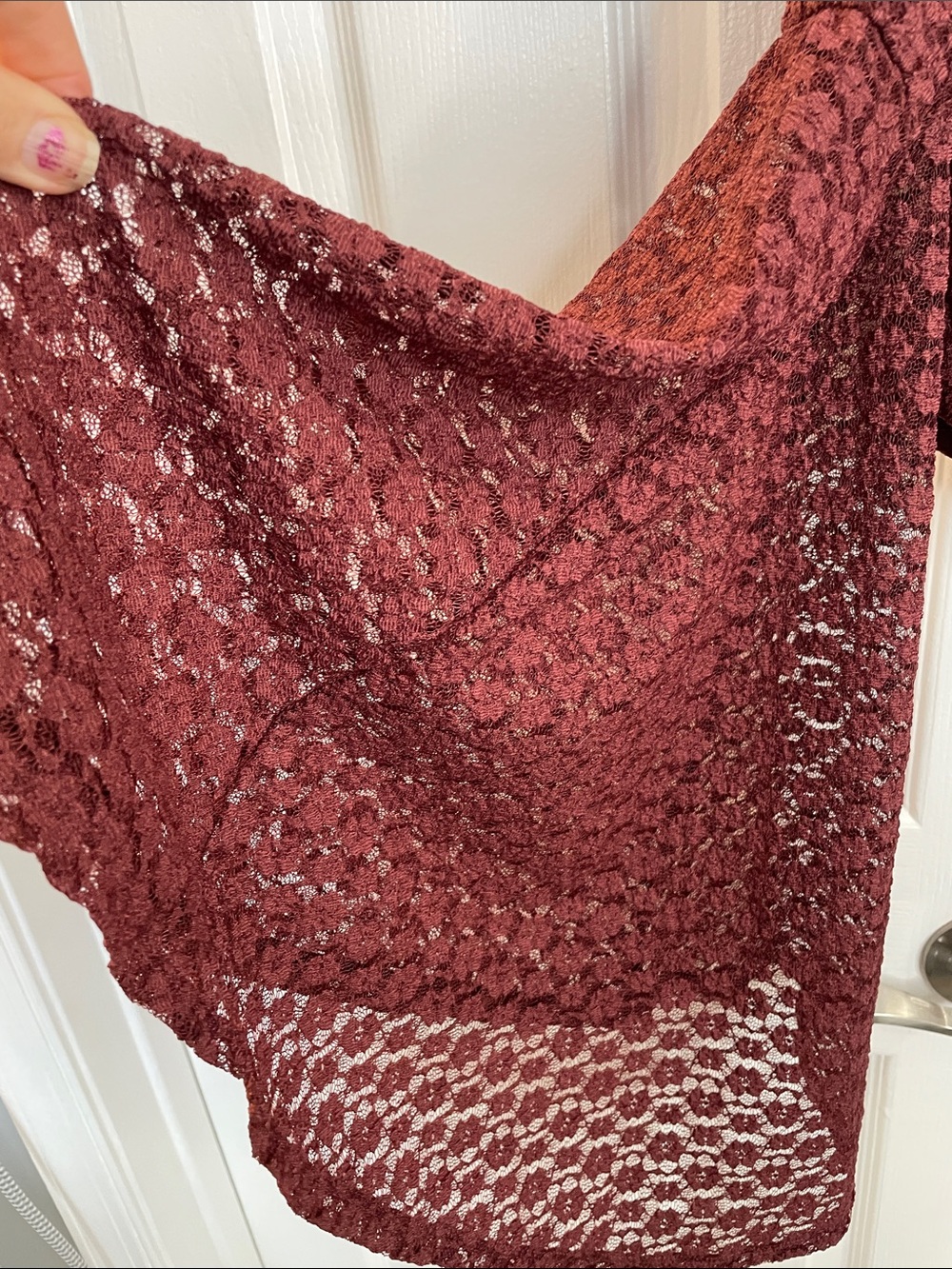 FREE PEOPLE LOLA OFF-SHOULDER LACE CROPPED BELL SLEEVE TOP BURGUNDY SZ L - Picture 8 of 13
